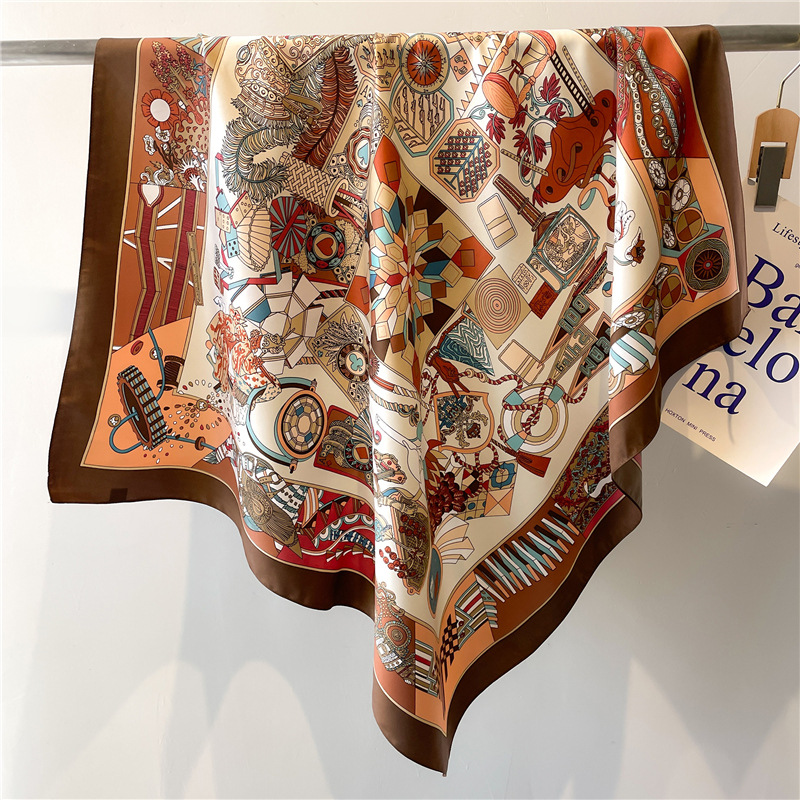 Scarf Silk Square - ผ้าพันคอไหมทวิลล์ลายดอกไม้สำหรับผู้หญิง รุ่นใหม่ปี 2026 สำหรับฤดูใบไม้ผลิและฤดูใบไม้ร่วง ผ้าพันคอแบบฮิญาบ ผ้าคลุมศีรษะ