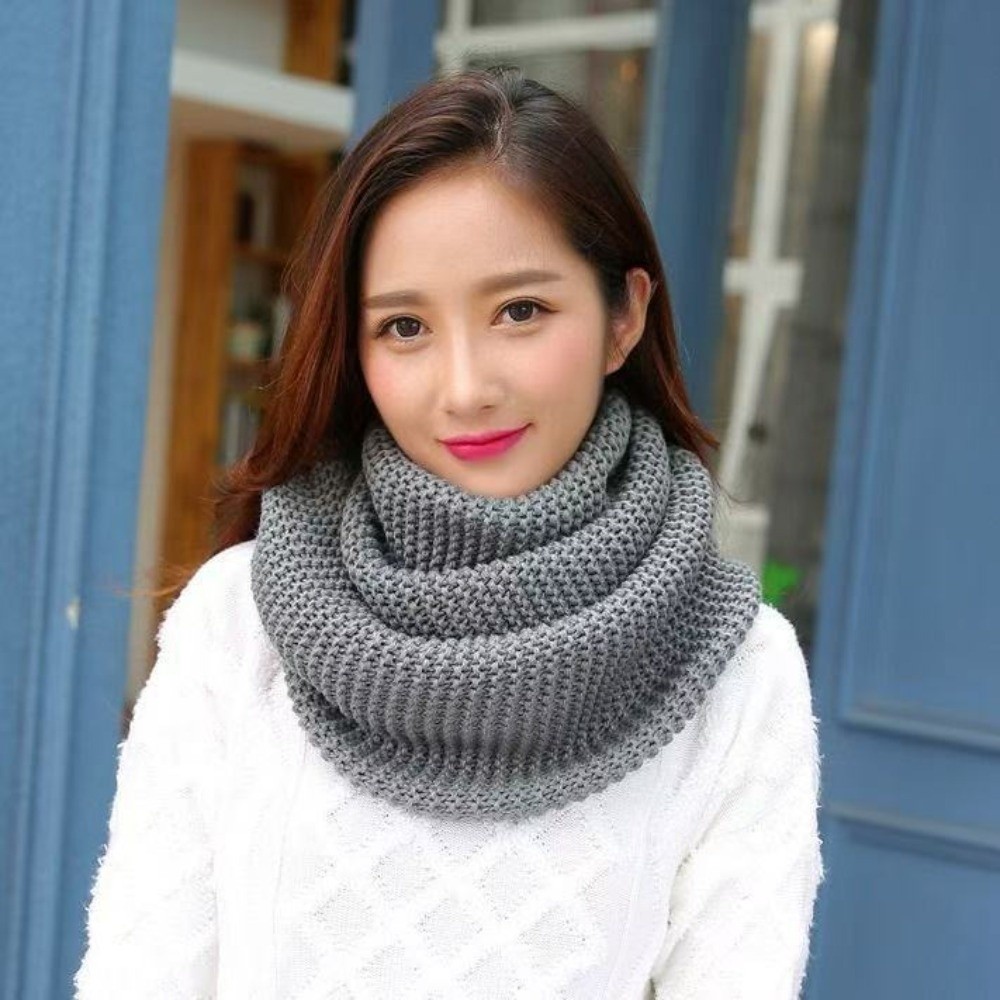 Infinity Scarf Knit - ผ้าพันคอแบบวงกลมสีพื้น ระบายอากาศได้ดี ผ้าพันคอหนาเพิ่มความอบอุ่นบริเวณคอ เนื้อผ้านุ่ม กันลม ผ้าพันคอถักหนา