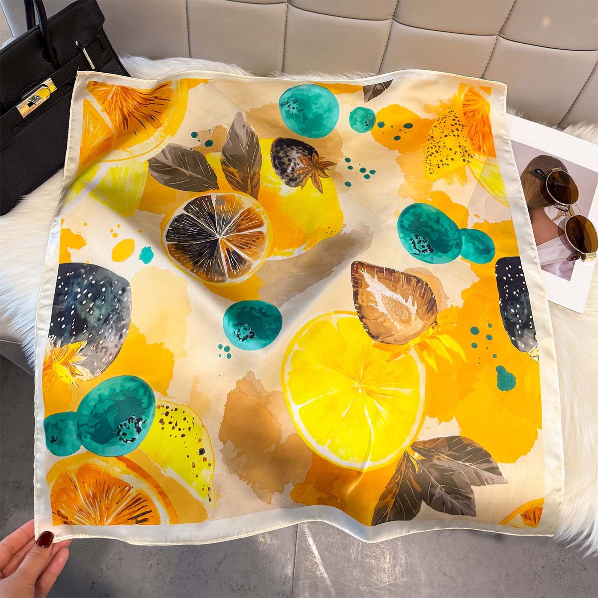 ผ้าพันคอไหมลายผลเลมอนแฟชั่น สำ - Scarf Silk Square บทวิจารณ์และราคา